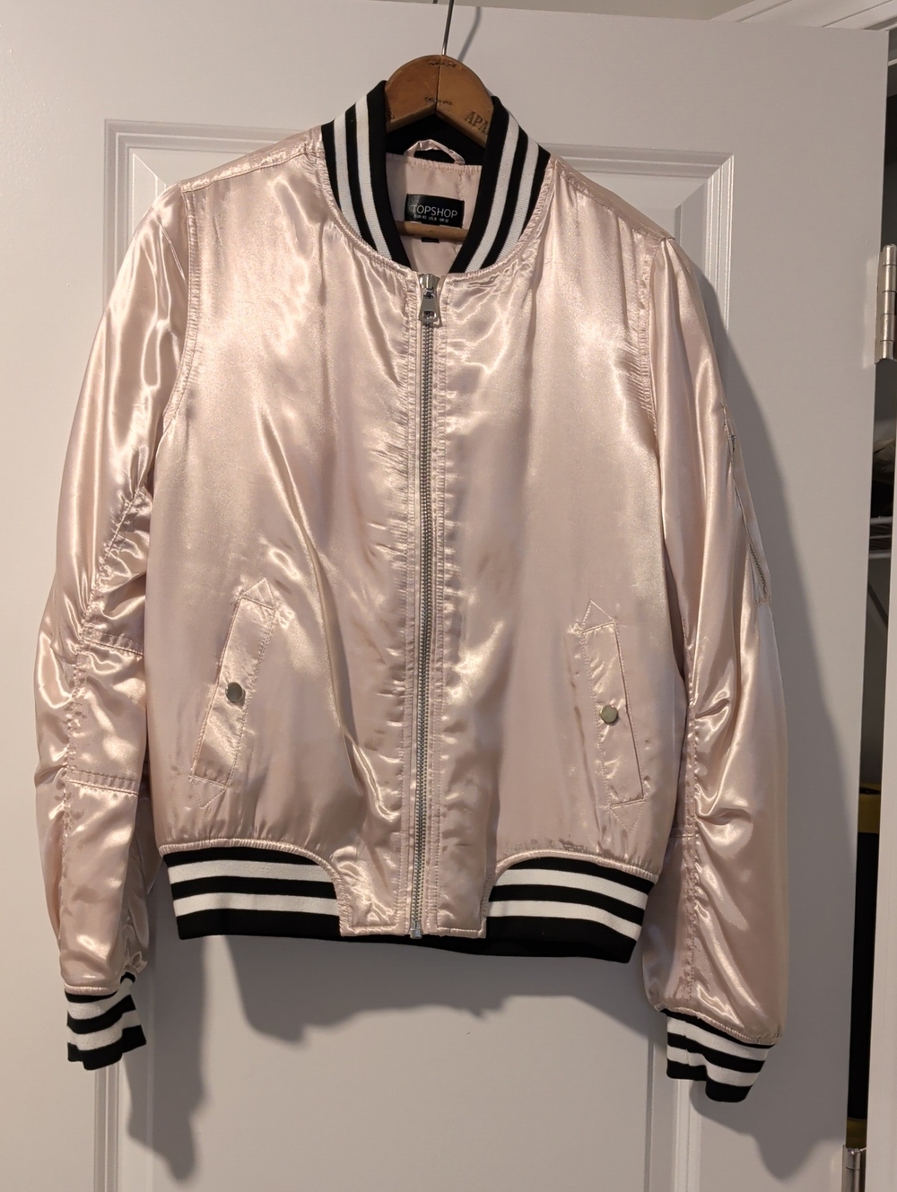 Topshop Pale Pink Satin Bomber Jacket with Black-White Trim